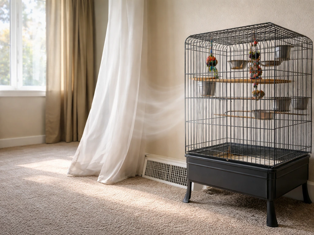 Bird cage near an AC vent with visible airflow, beside a safer warm window area with no drafts
