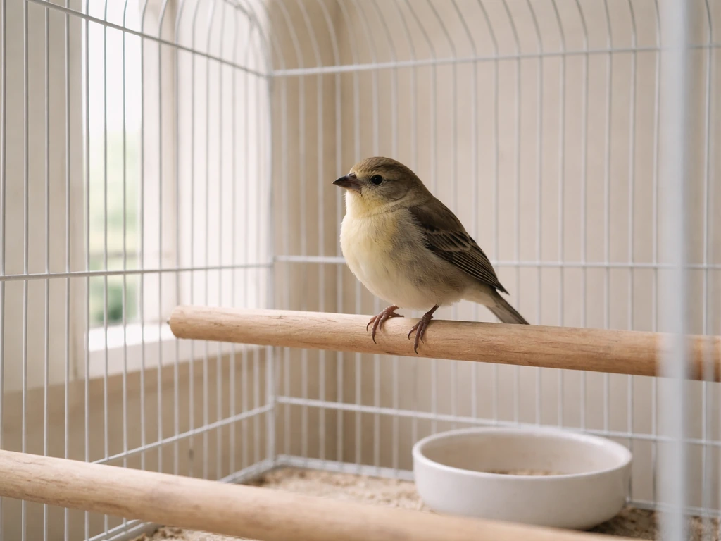 A small bird perched inside a clean wire cage in soft natural light, calm and clearly visible.