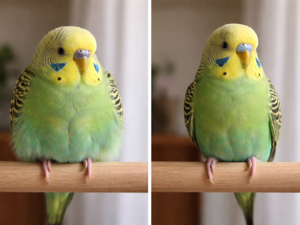 Split side-by-side photo of a small pet bird: fluffed and tense on the left, relaxed posture on the right.