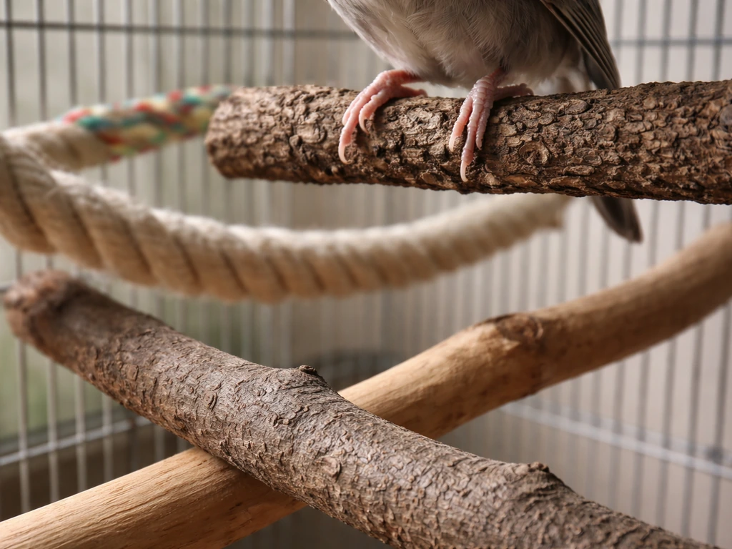 Close-up of a bird cage perch setup showing different perch textures and diameters for foot comfort