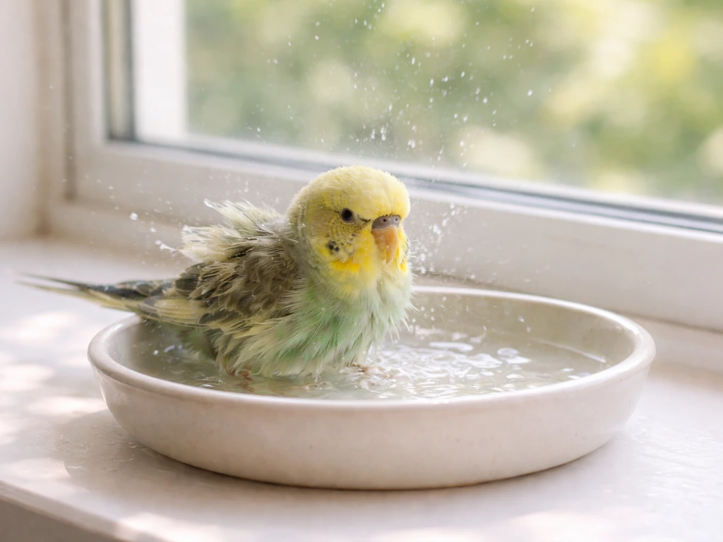 Small pet bird bathing in a shallow dish with water in a bright, safe indoor room
