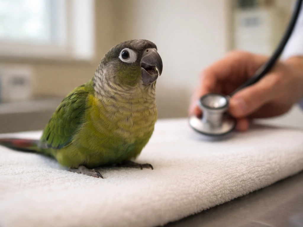 Small parrot on a vet exam table with open-mouth breathing at rest, conveying possible illness vs stress.