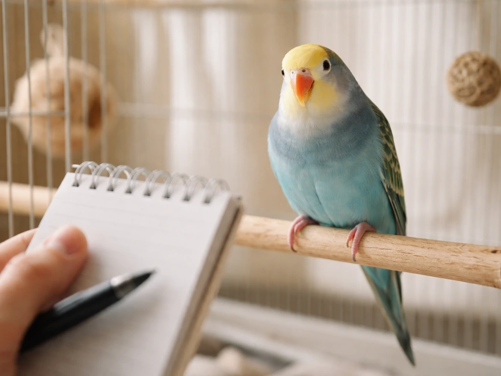 Small pet bird perched on a wooden perch while an owner holds an unmarked notebook nearby.