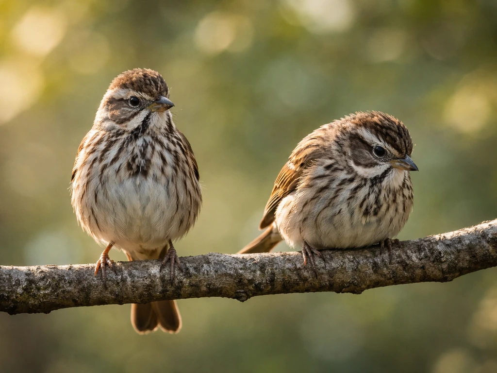 Two small wild birds perched side by side, one with relaxed posture and the other slightly hunched