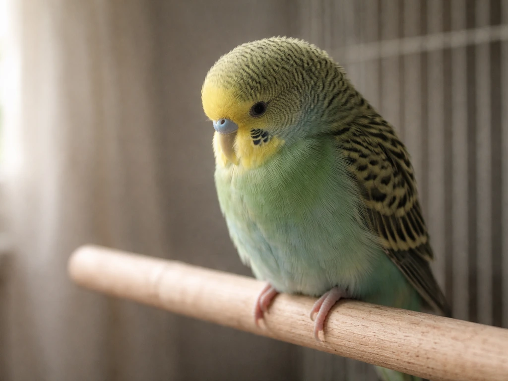 Subdued pet parrot perched indoors, fluffed posture and turned away showing reduced engagement.