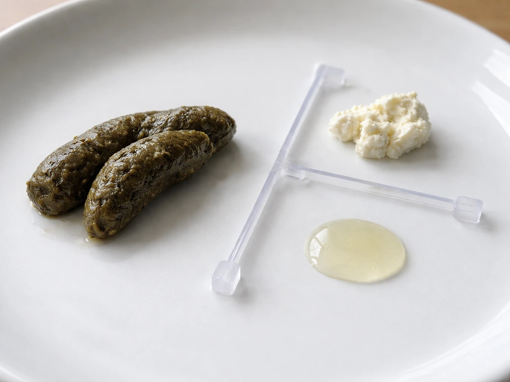 Three separated components on a white plate: formed droppings, cream urates, and clear urine.