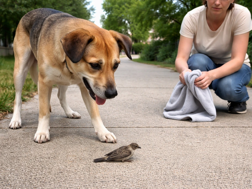 Dog calmly releasing a bird on command while a handler holds a towel nearby