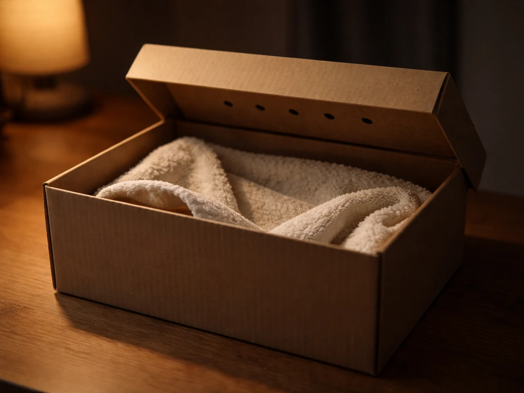 A small cardboard box with lid and air holes, lined with soft cloth, set in a warm, dark, quiet spot.