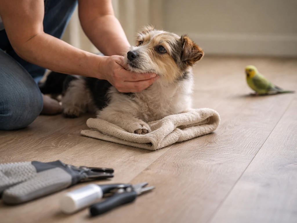 Caregiver kneeling beside a dog with a towel ready, tools out of use, bird nearby—showing safer handling.