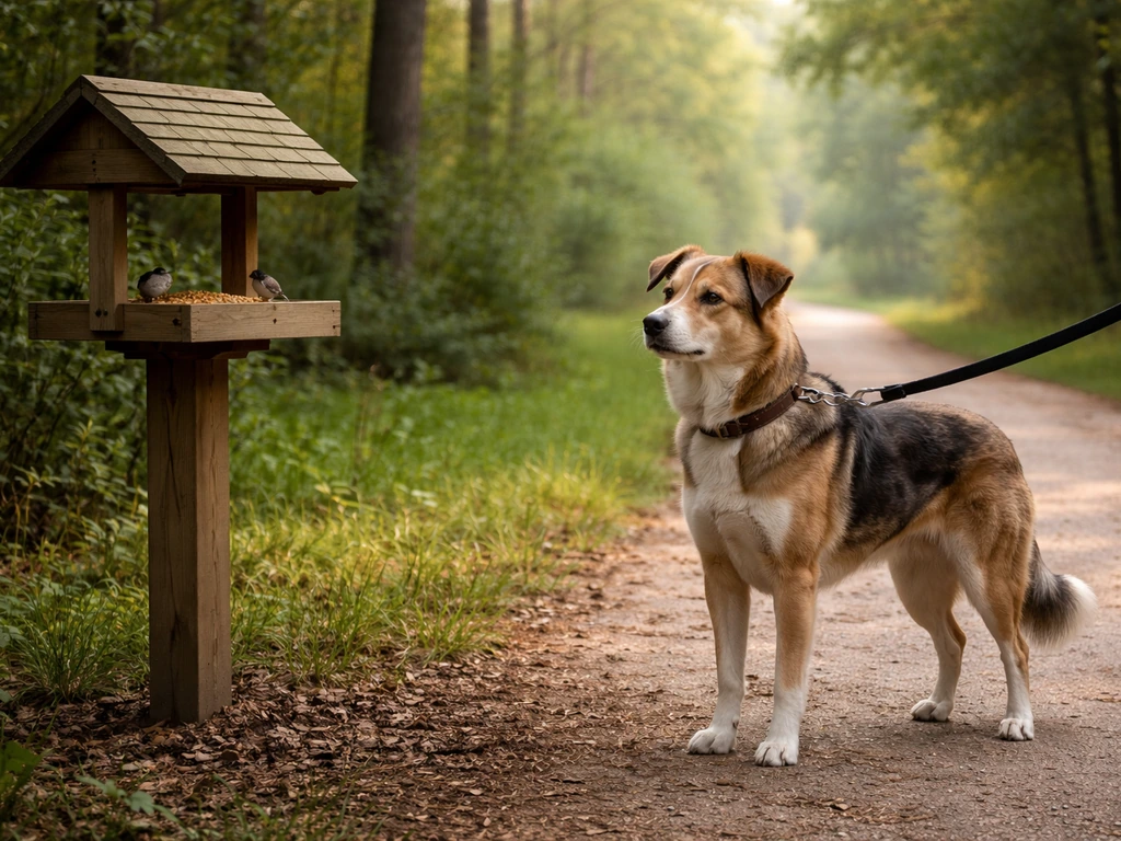Leashed dog near a park bird feeder and wooded trail, showing control to avoid wildlife incidents.