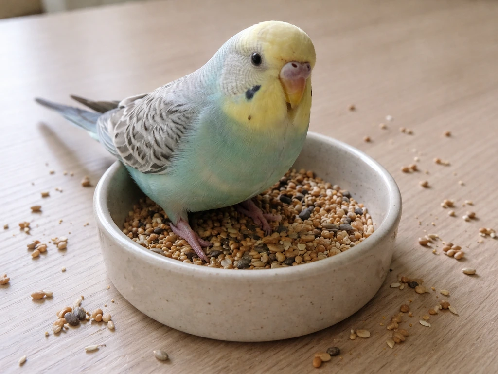 Pet bird perched with one foot inside a food bowl, seed pieces visible, overhead lifestyle shot.