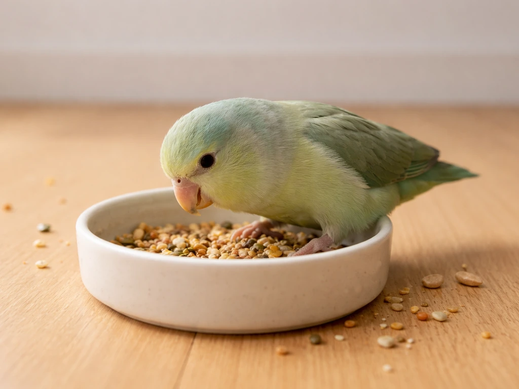 A small parrot steps into a shallow ceramic food bowl while foraging indoors.