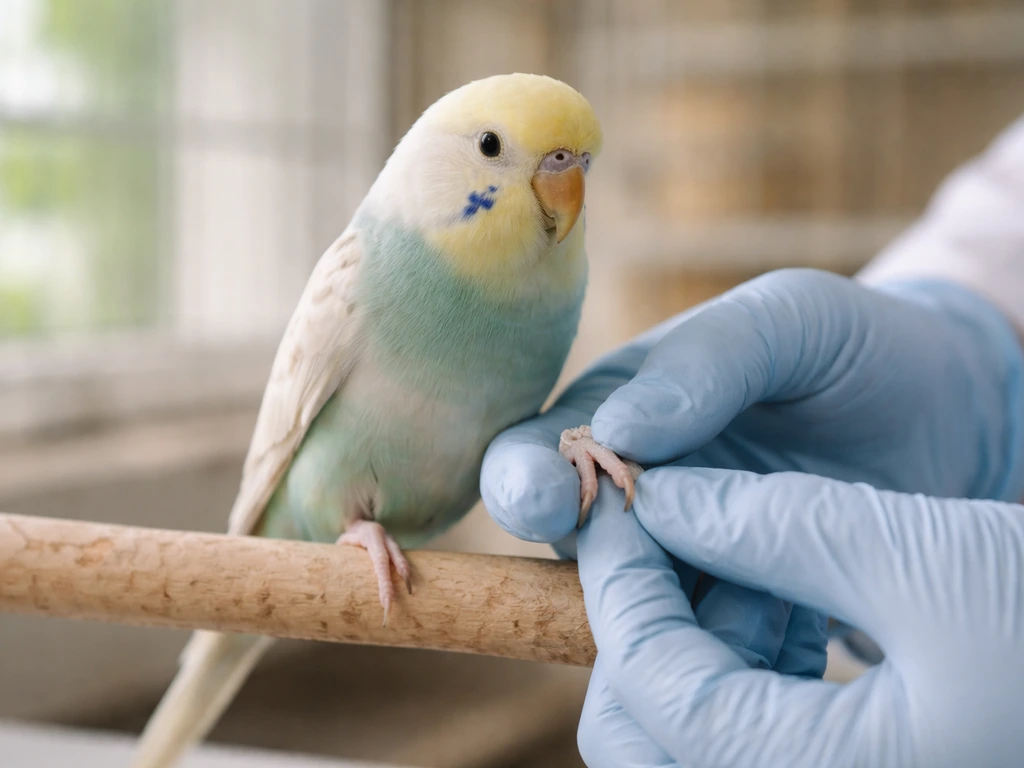 Veterinarian gently inspecting a small bird’s foot and leg in a quiet clinic exam setting.