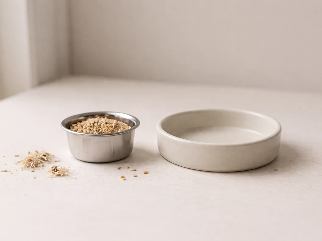 Two unbranded bird bowls side by side: a narrower deeper one next to a wider flatter one.
