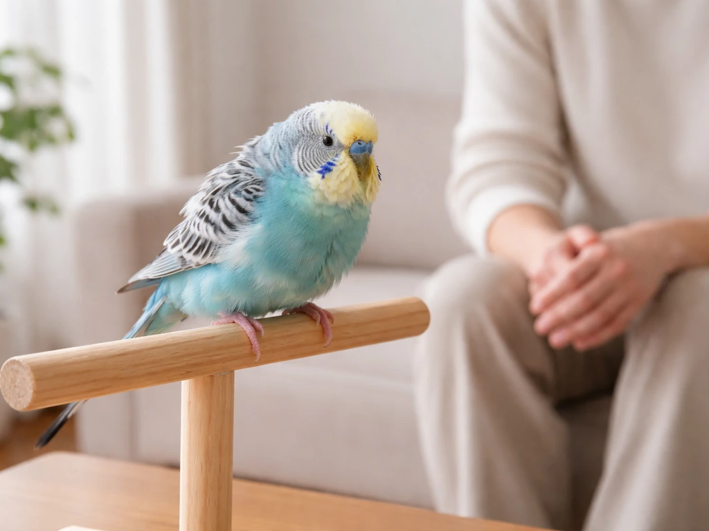A wary pet bird perched near a calm owner at a safe distance in a bright room