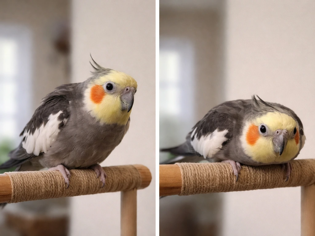 Split view of a small pet bird showing fear: leaning away on one side, crouched and tense on the other.