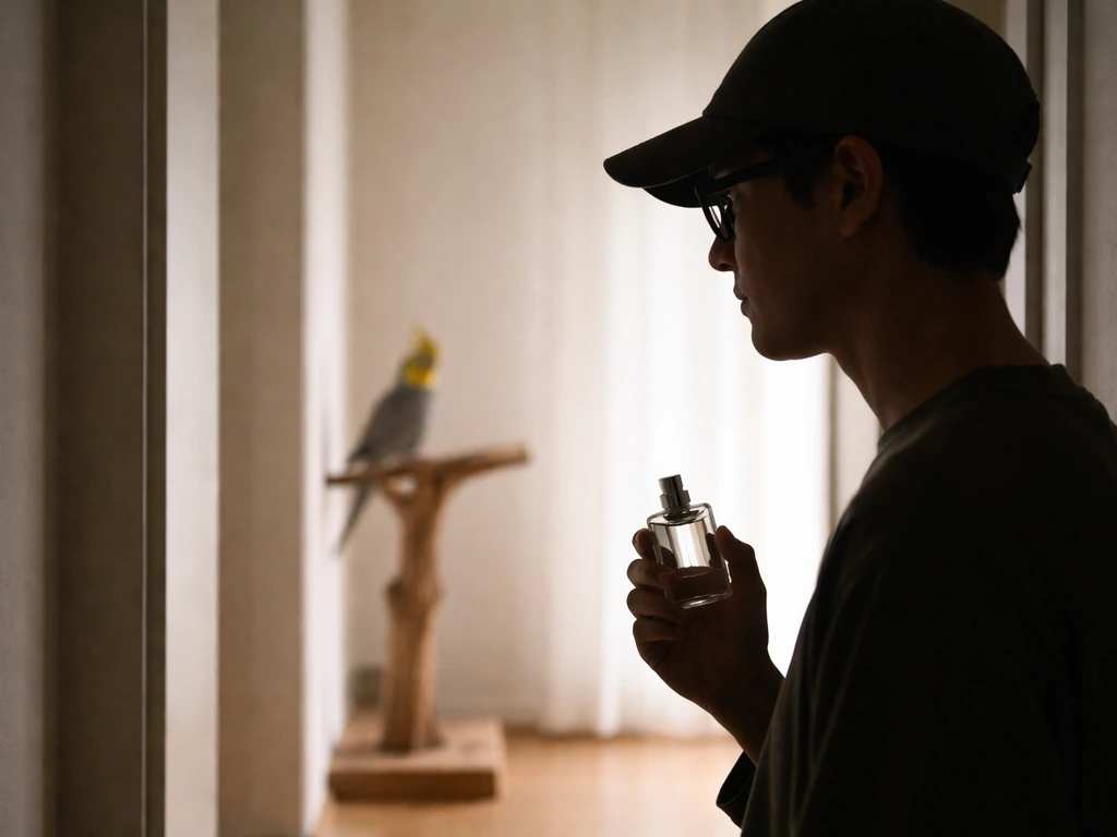 Person in a simple home wearing a hat and holding a small perfume bottle near a doorway with a quiet bird nearby.