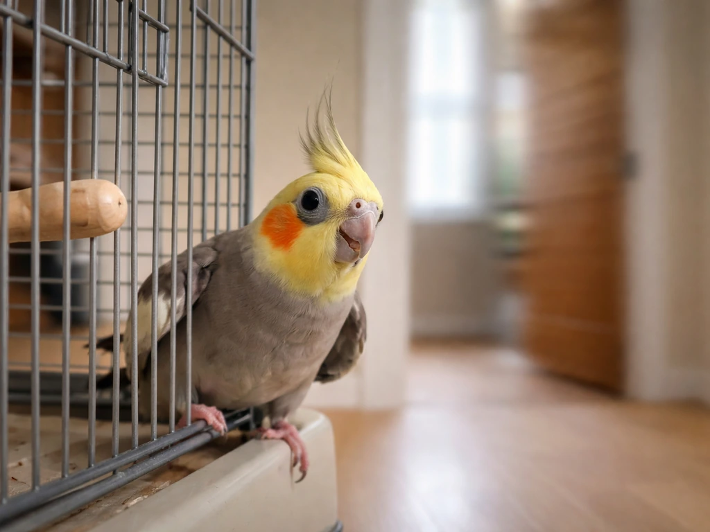 Small bird in a cage startled and frozen as a blurred background door movement occurs.