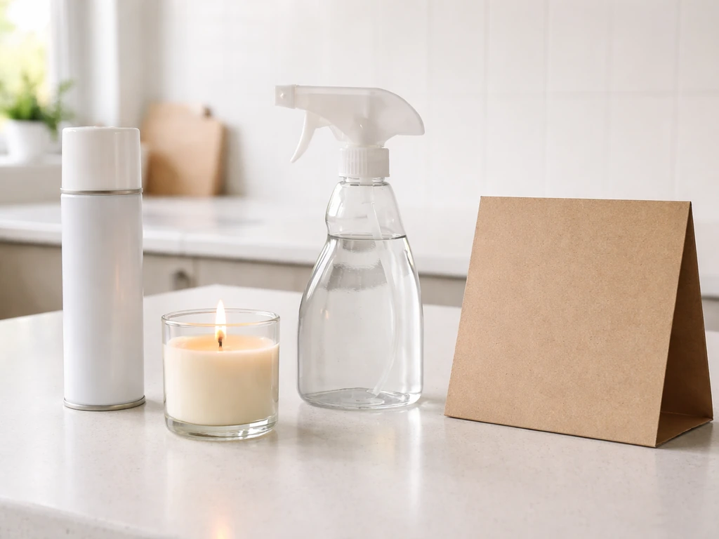 Unmarked aerosol spray, scented candle, and cleaning spray on a kitchen counter with birds-safe caution vibe