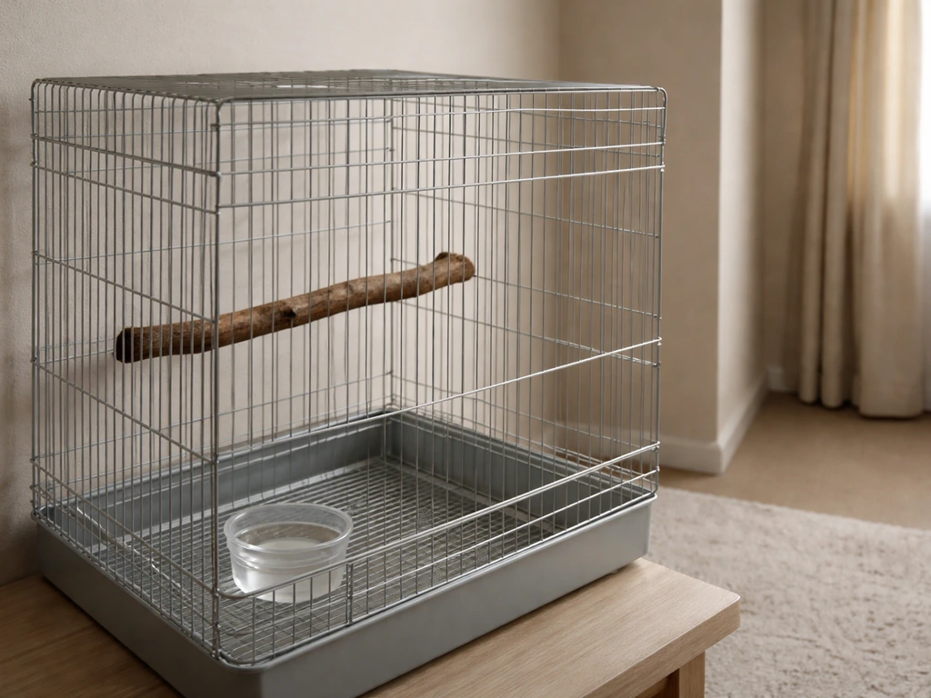 Pet bird cage placed at chest height against a wall, with a clear safe corner in a calm room.