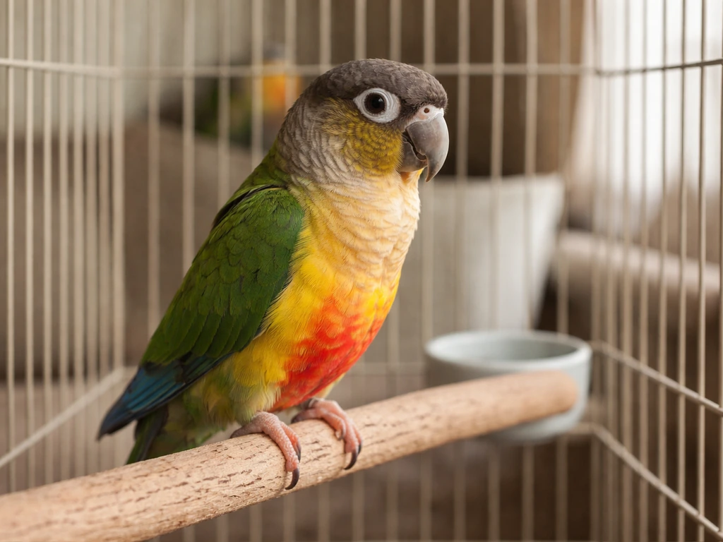 Vibrant pet bird perched in a clean home cage, feathers and posture clearly visible in natural light.