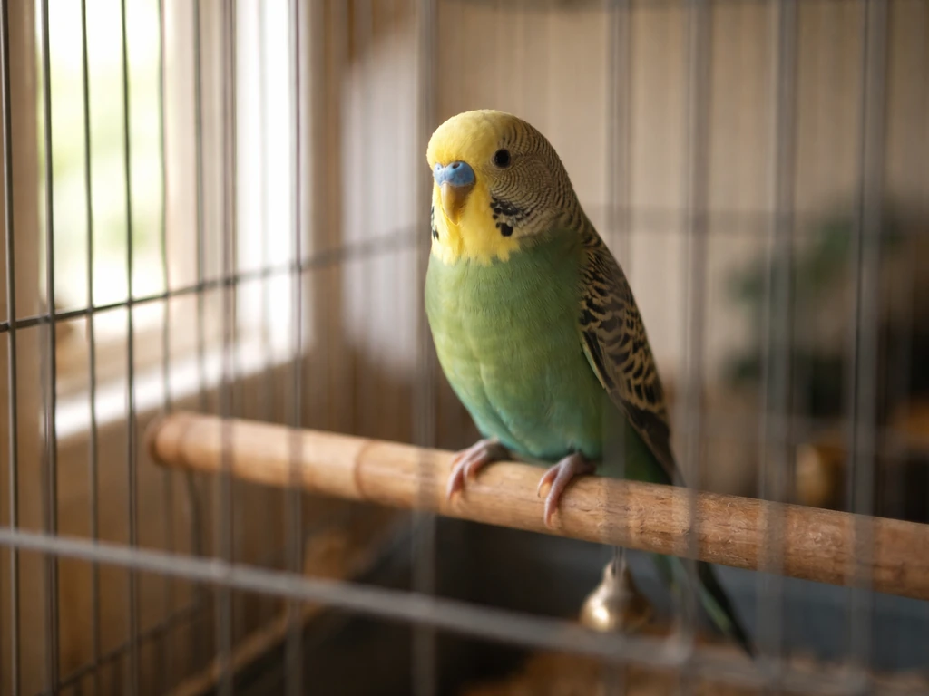 Small pet bird calmly perched inside its cage while the owner watches from a quiet distance