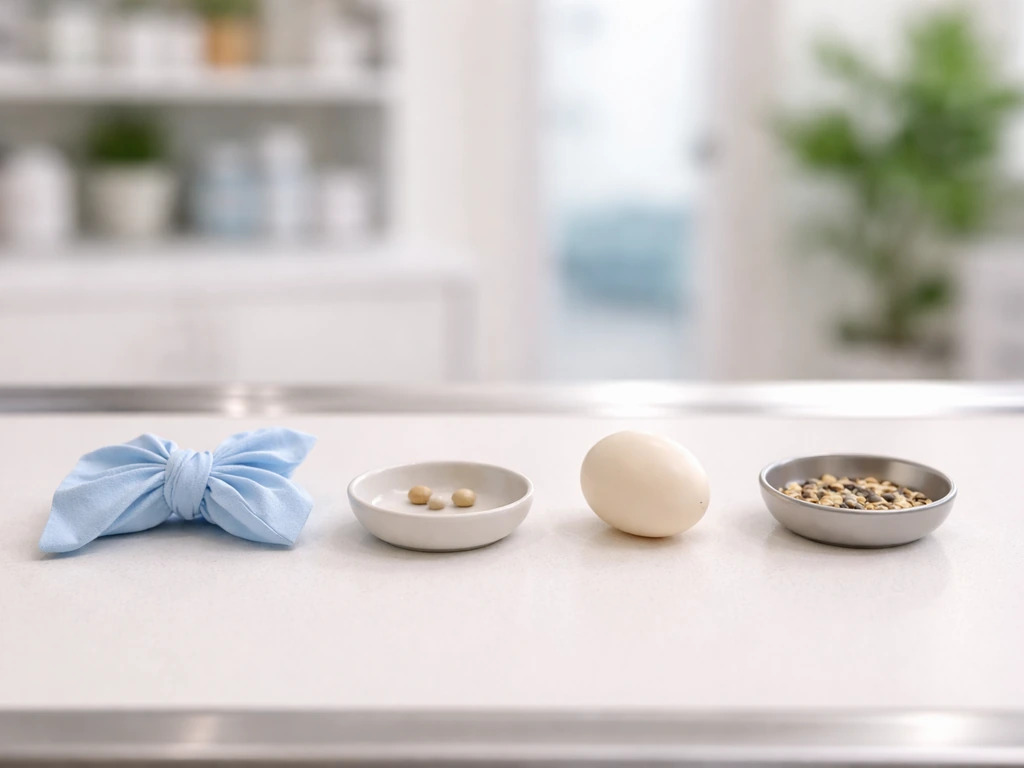 Vet table with four simple unlabeled objects indicating breathing, droppings, energy, and appetite red flags.