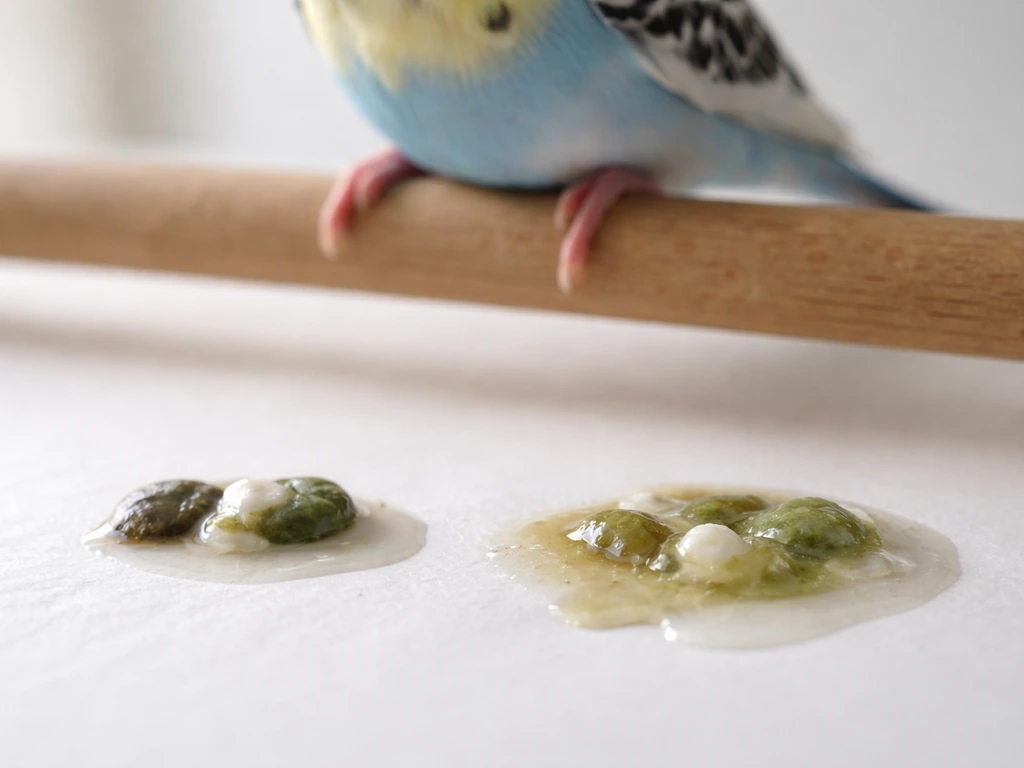 Macro close-up of normal and abnormal bird droppings with visible stool, urates, and watery component.