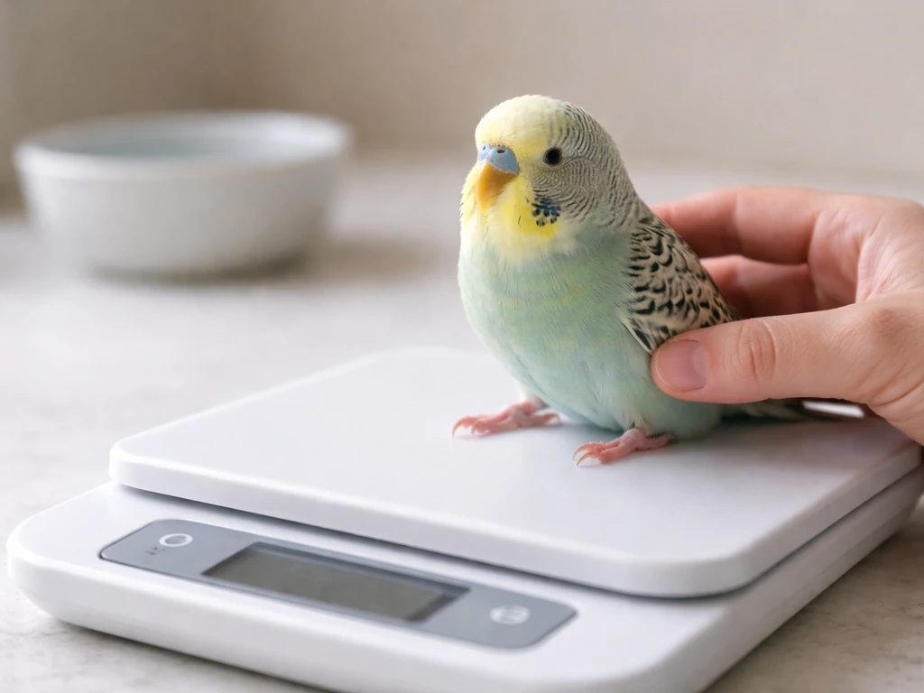 Small pet bird calmly on a kitchen scale while a hand steadies it, natural light.