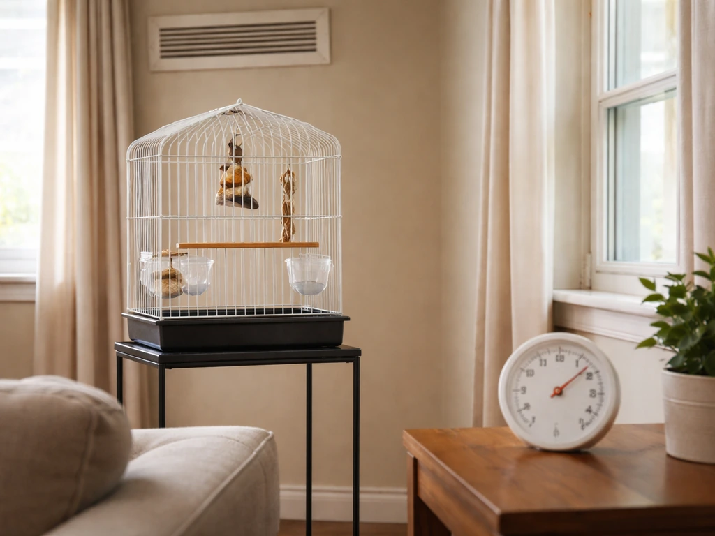 Birdcage placed away from AC airflow with a visible room thermometer nearby in a calm, sunlit room.