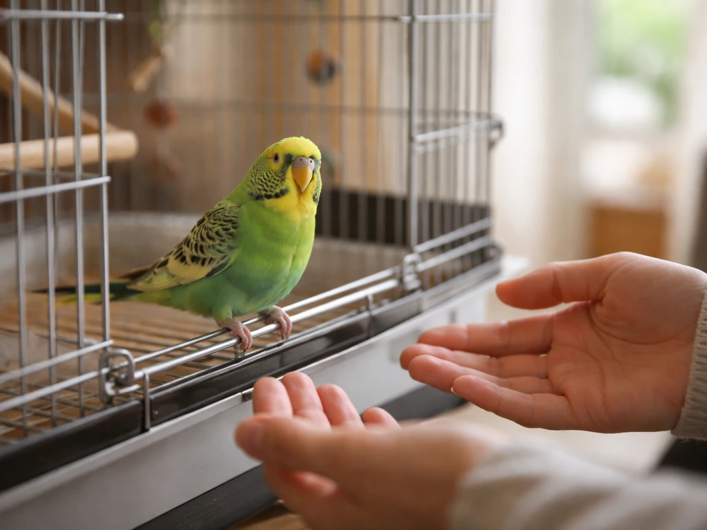 Hands approach a pet bird slowly with hands held low near its cage, calm and non-forced.