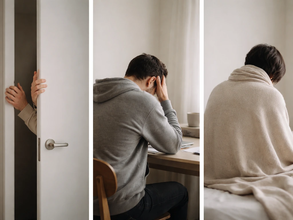 Minimal side-by-side photo-style scene showing three abstract health states with posture and breathing cues