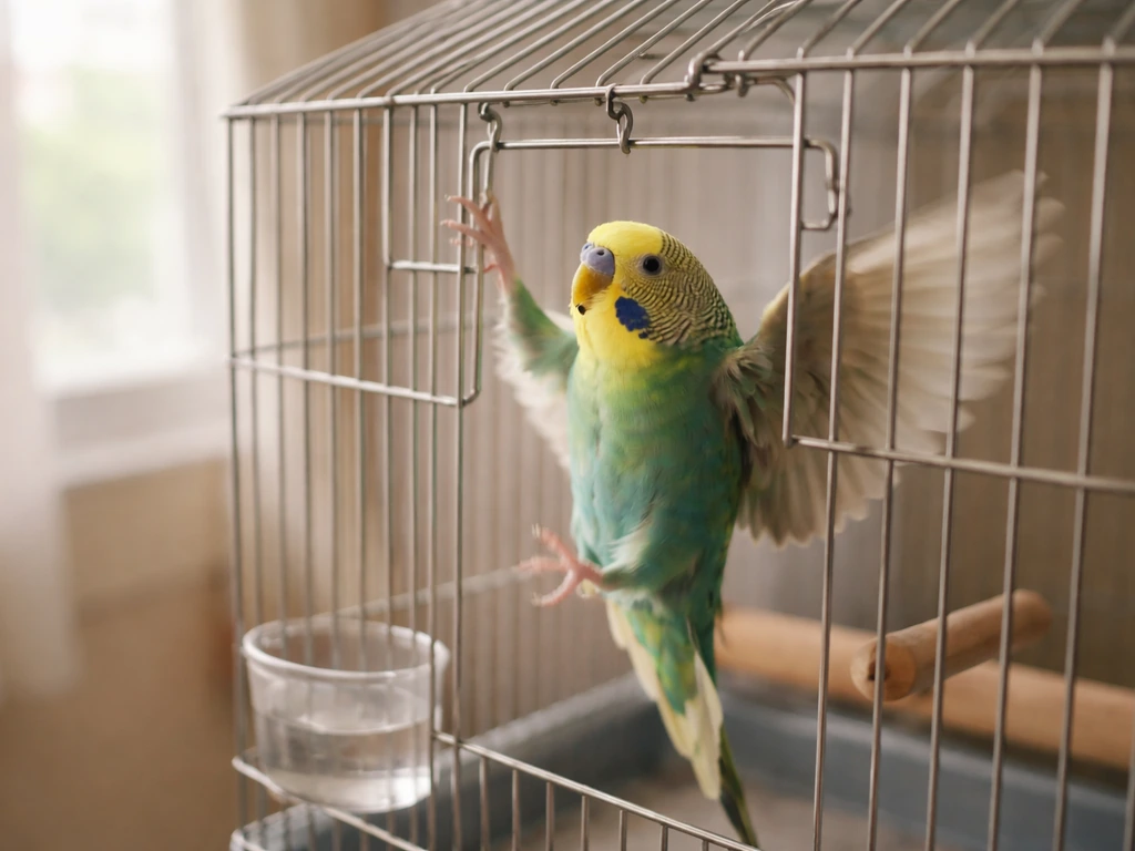 Pet bird in a cage lunging toward the door, showing frantic escape behavior in a calm indoor setting