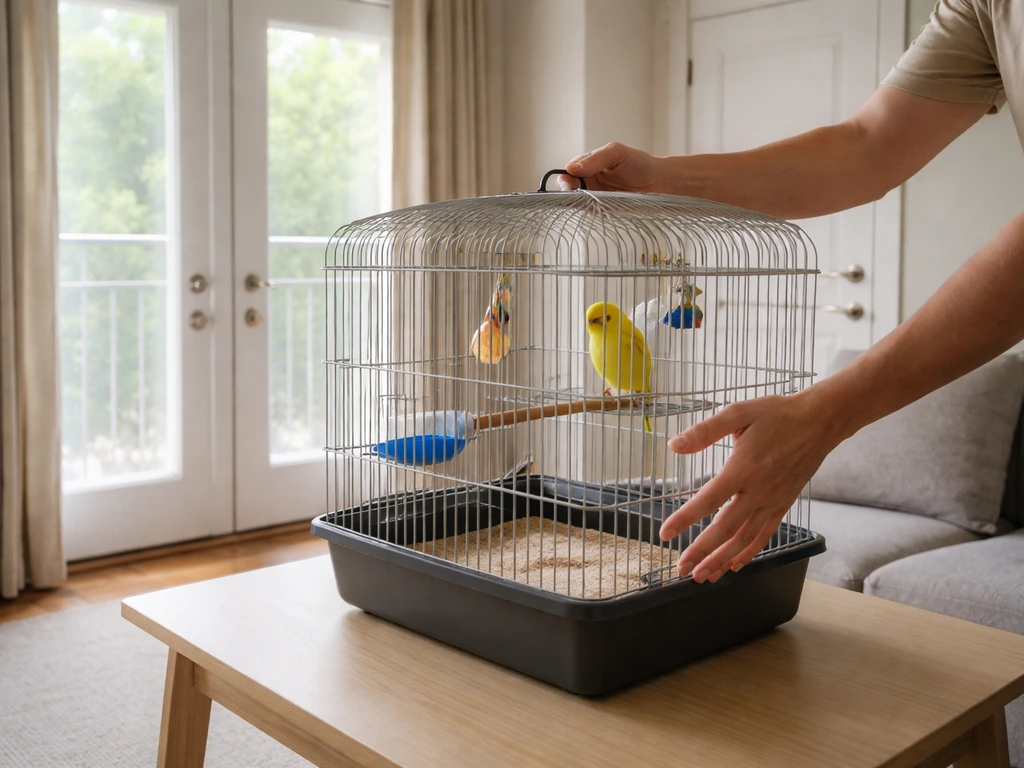 Person securing a room with closed windows and doors while a bird cage sits safely nearby