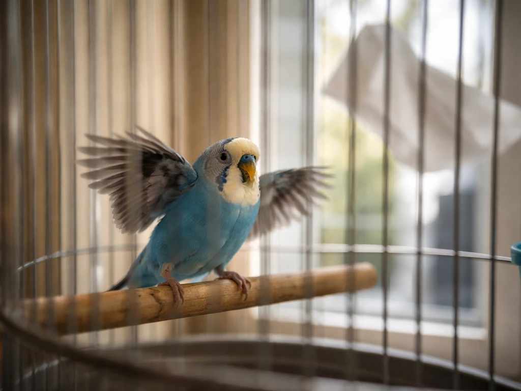 A small bird startles behind cage bars as a fluttering reflection or cloth creates a sudden scare.