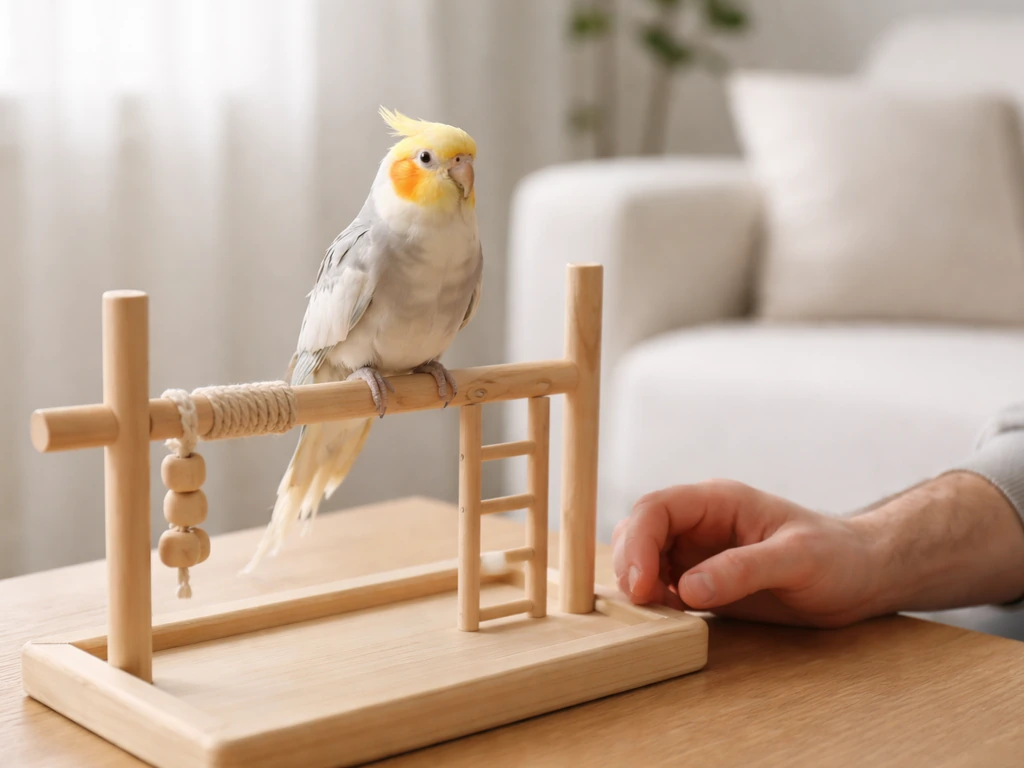 Calm cockatiel perched on a play stand while a nearby person’s hand rests nearby in natural light.