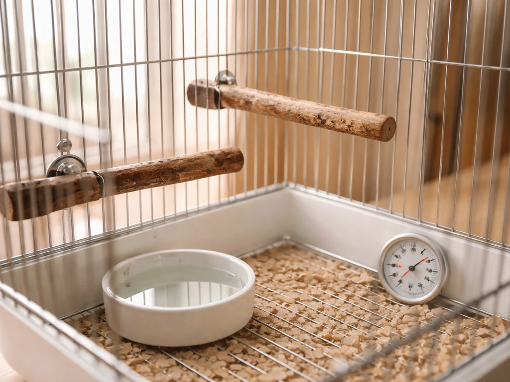 Close-up of a bird cage interior with perches, water dish, and safe placement cues by a bright window.