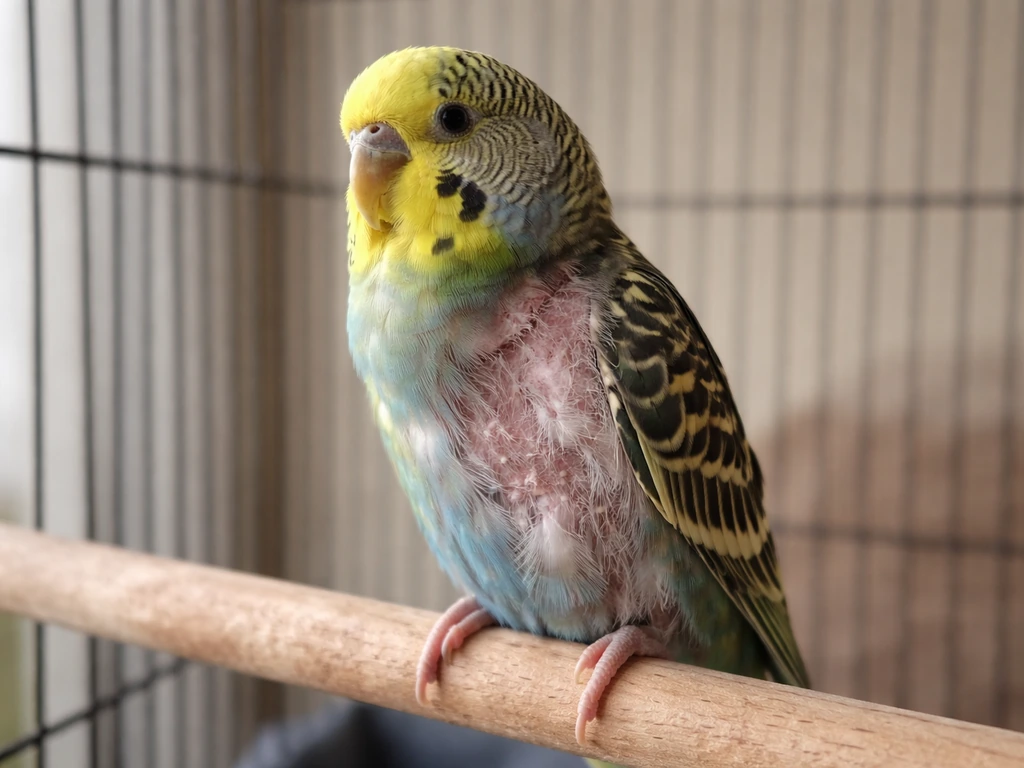 Close-up of a pet bird on a perch showing bald patches beside healthy feathers, indicating feather loss.
