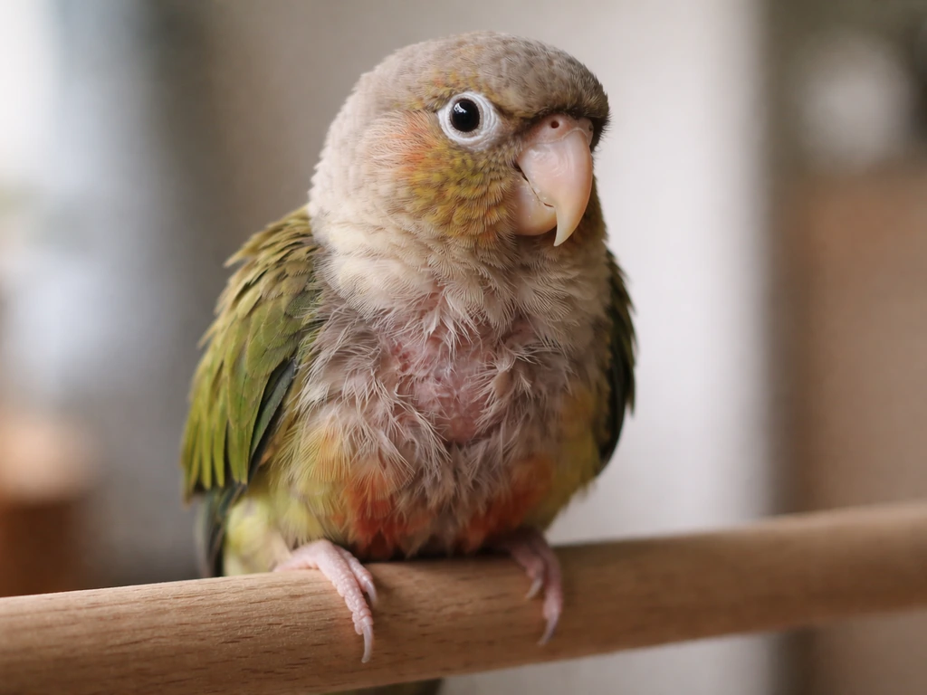 Close-up of a bird with frayed feathers and small bald patches on the chest and wing area