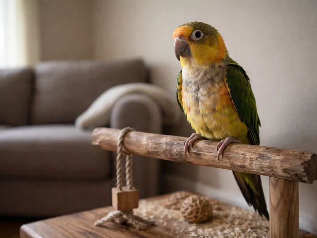 Small parrot in a quiet living room with sparse toys, perched near an overused spot, calm but tense mood.