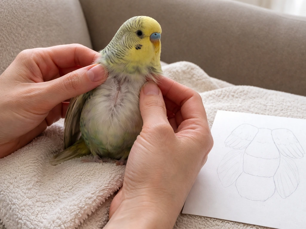 Person gently examining a pet bird’s feathers on a living-room couch during a home check.
