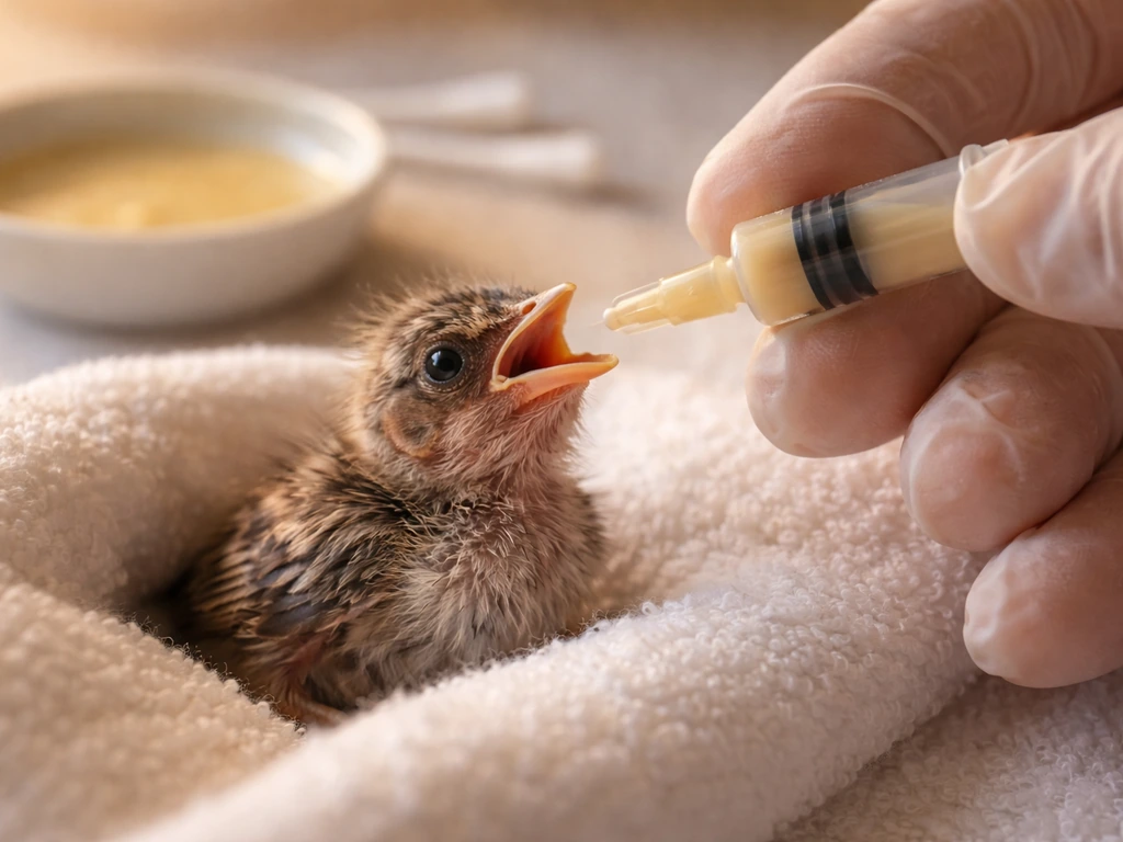 Close-up of a small baby bird being fed formula with a dropper, in a clean towel setting.