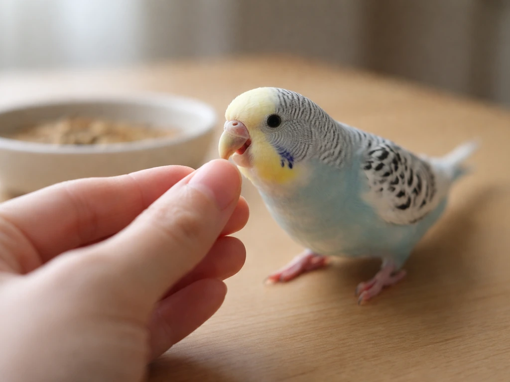 A small hand-raised parakeet head-bobbing and nipping at fingers while ignoring a nearby bowl of food.