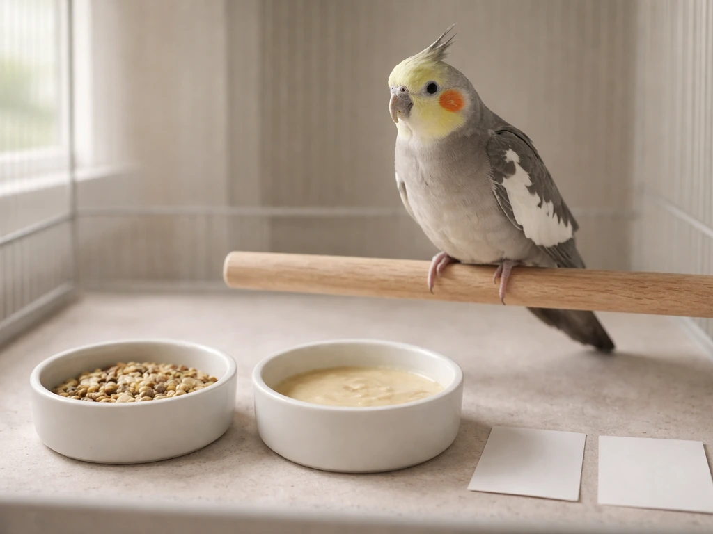 Small healthy bird perched beside dishes of food/formula and blank cards for a readiness checklist