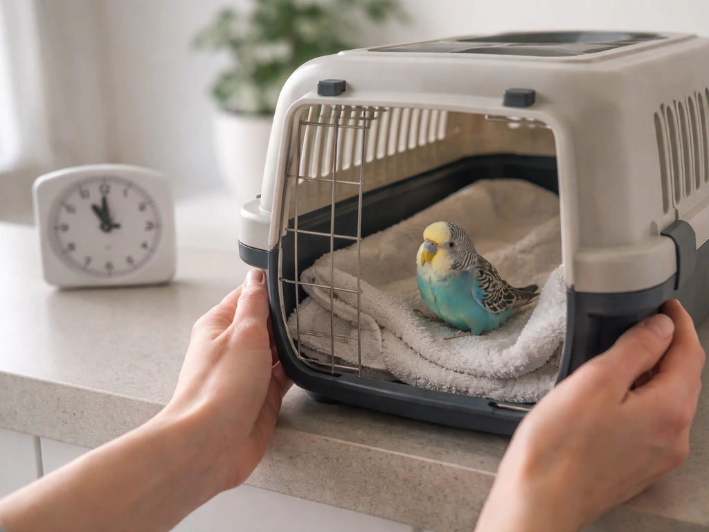 A small pet bird near an avian clinic carrier with a simple timer suggesting feeding timing for vet care.