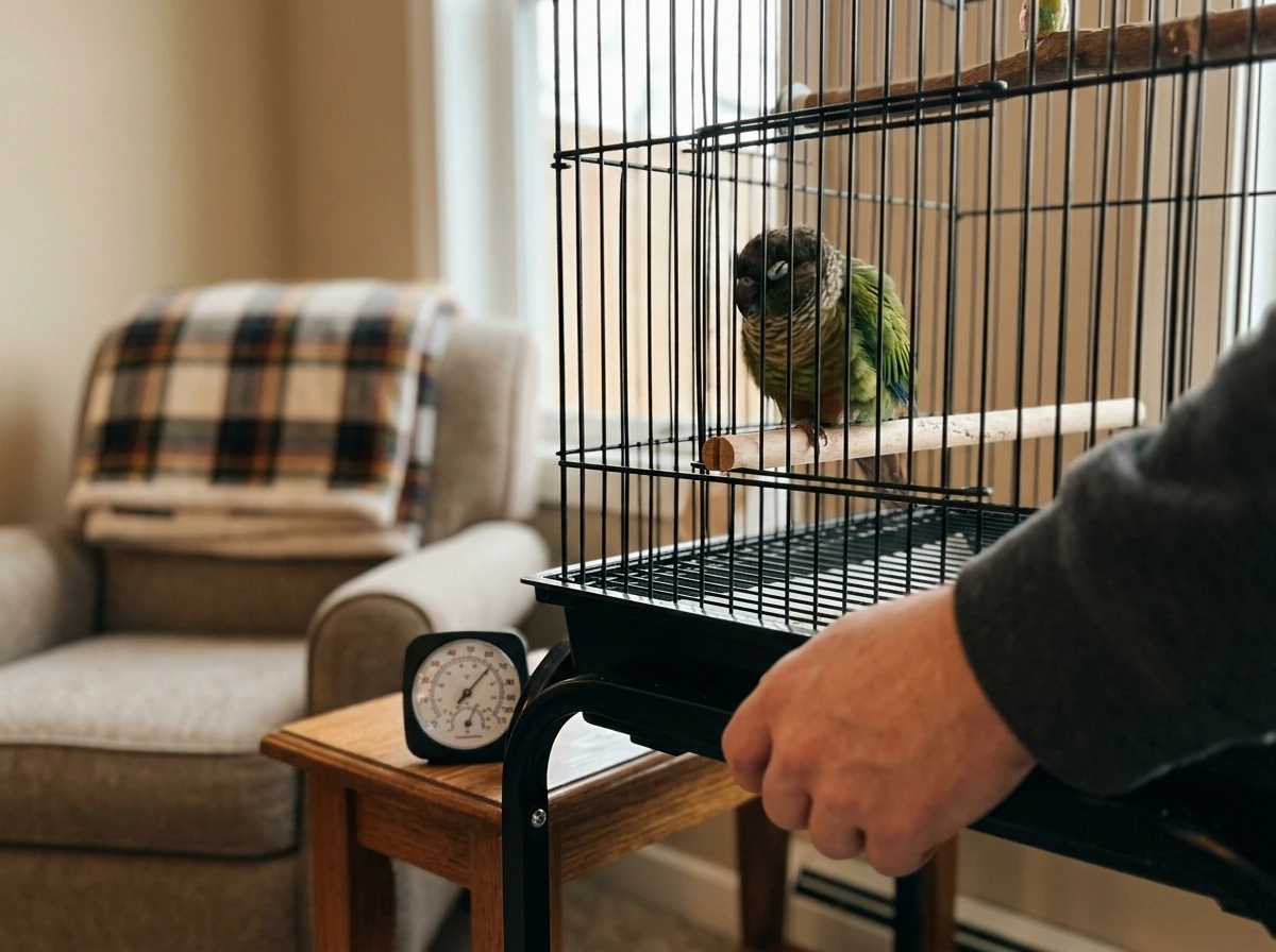 Bird shivering inside a warm, draft-free cage while an owner prepares quick first-aid checks.