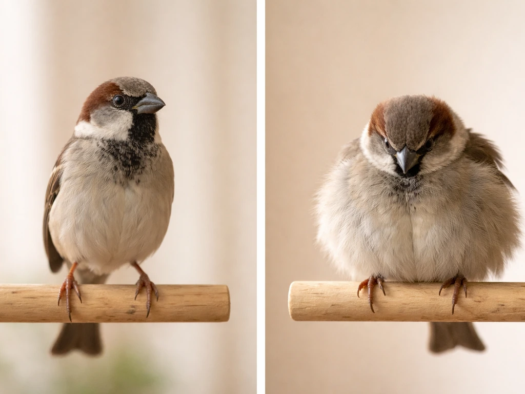 Two small birds on a simple perch showing normal upright alert posture versus hunched fluffed posture.