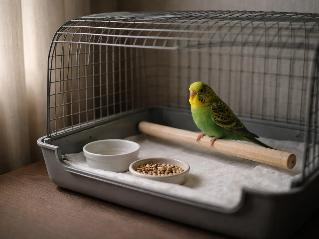 A small pet bird in a quiet, dim carrier with perch and accessible water, isolated from other activity.