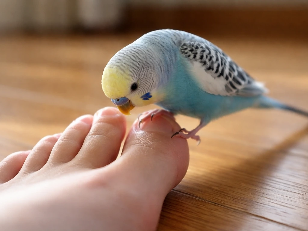 Small pet bird gently investigating a person’s bare feet on an indoor floor in warm natural light.
