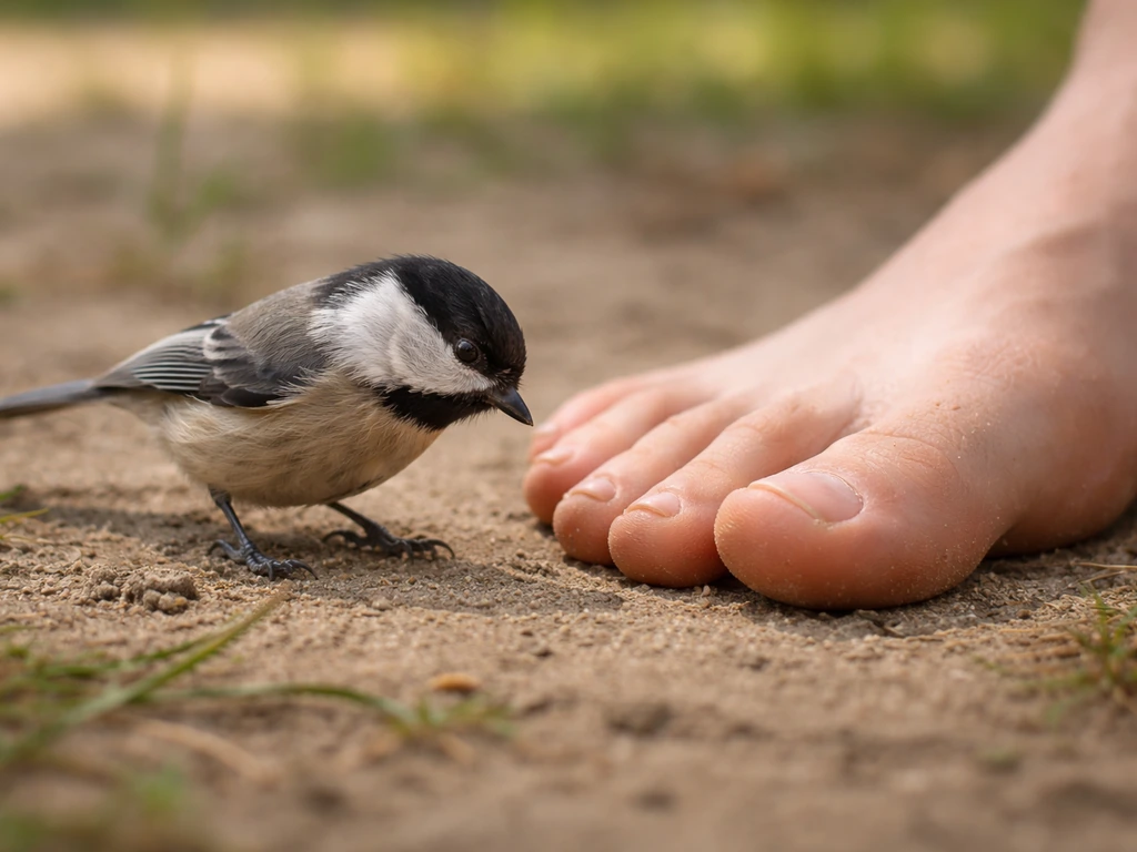 A curious small bird investigates a bare foot near the ground in warm natural light.